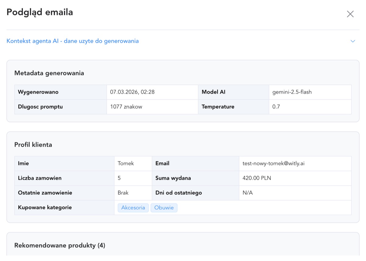 Kontekst agenta AI — dane użyte do generowania emaila
