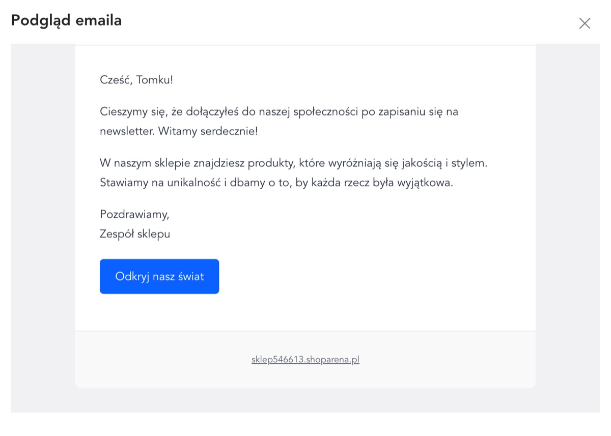 Podgląd wygenerowanego emaila w panelu Witly