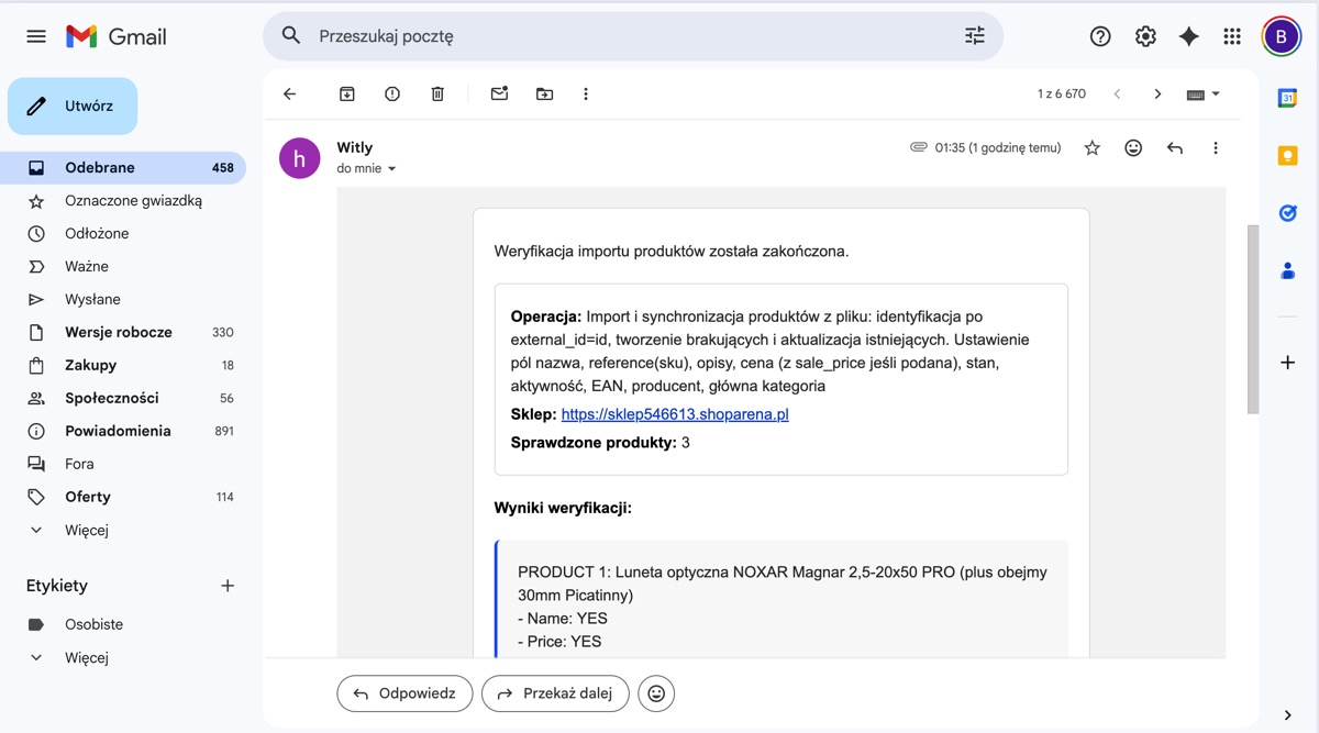 Email z raportem weryfikacji importu — wyniki + screenshoty produktów