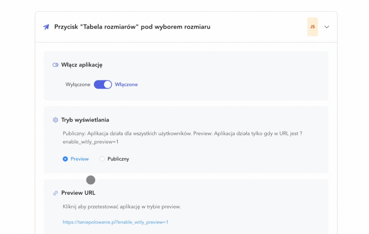 Panel Witly — tryb preview, włączanie i wyłączanie aplikacji