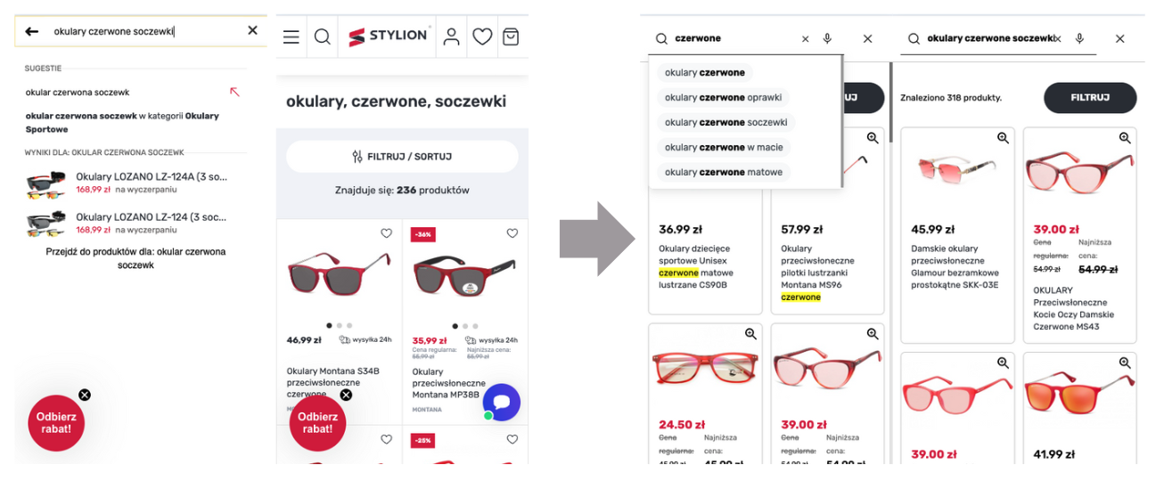 Porównanie wyników wyszukiwania przed i po wdrożeniu inteligentnych sugestii