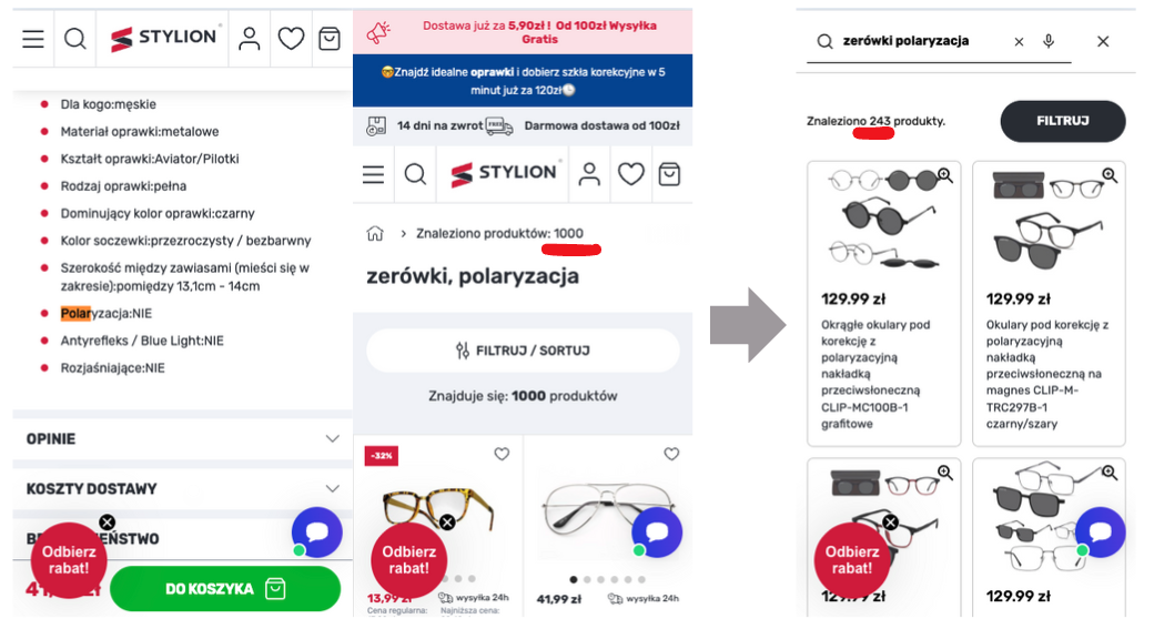 Porównanie wyników wyszukiwania przed i po usunięciu negacji — z 1000 do 243 trafnych produktów