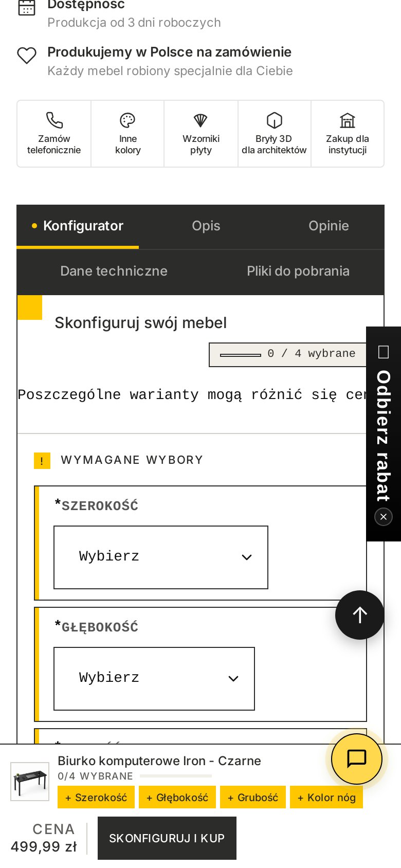 Stary konfigurator na telefonie — tekst wystaje poza ekran, kontrolki obce stylistycznie