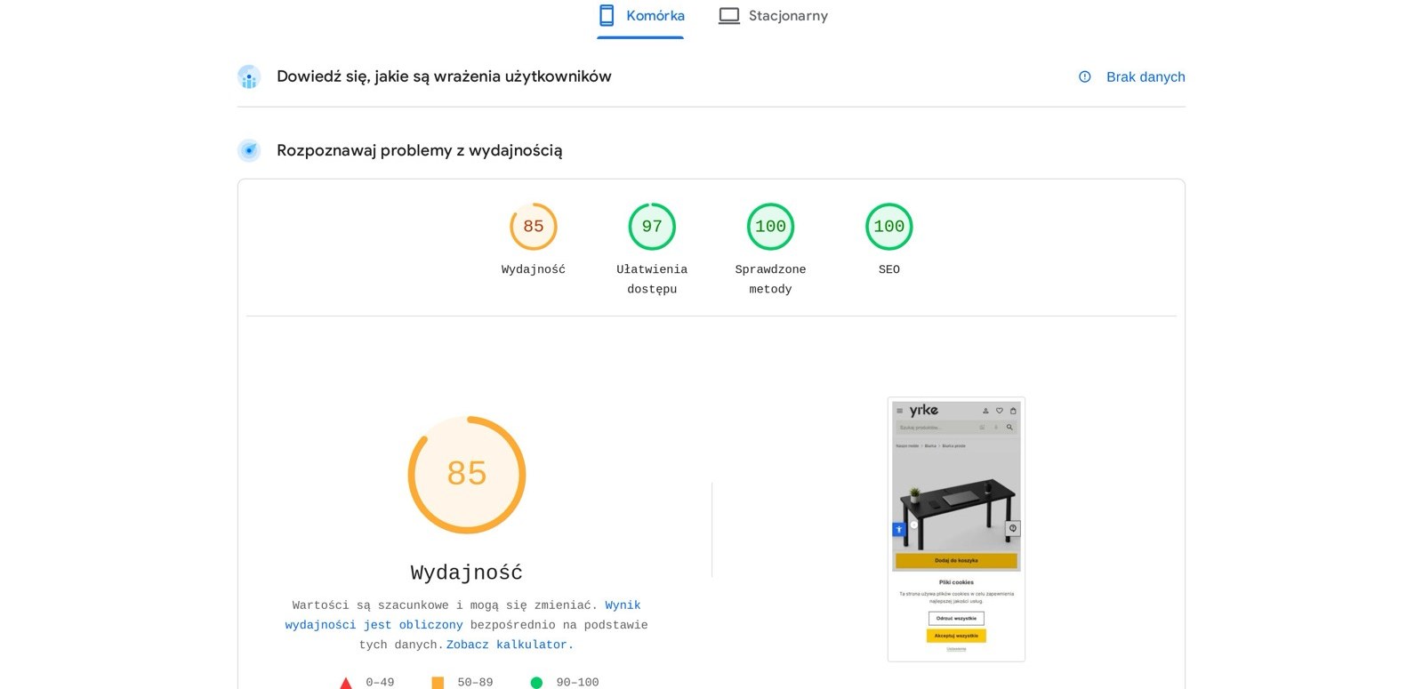 Raport Google PageSpeed Insights nowej strony produktu — wydajność 85/100