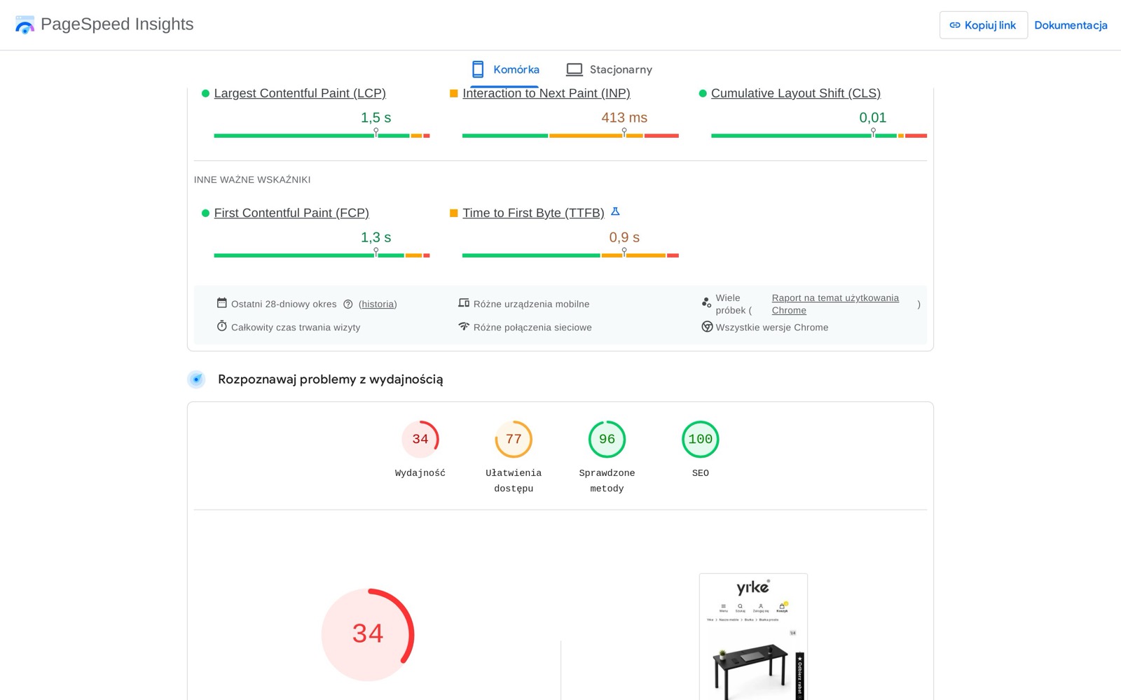 Raport Google PageSpeed Insights starej strony produktu — wydajność 34/100